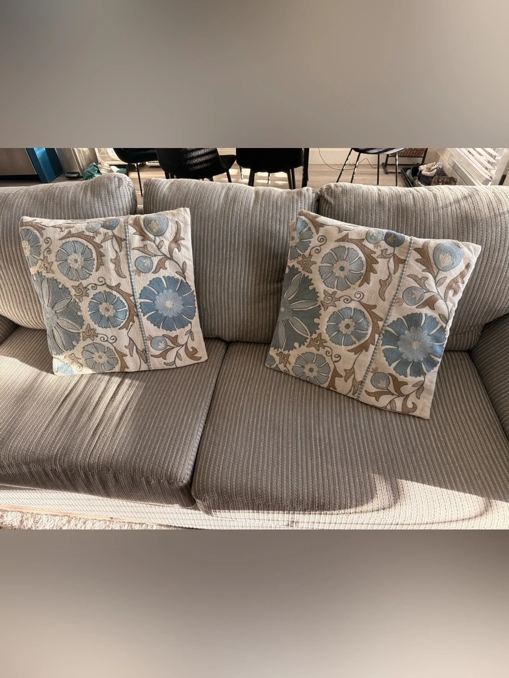 Pottery Barn Blue and Cream Floral Embroidered Accent Pillow Cover Pair
